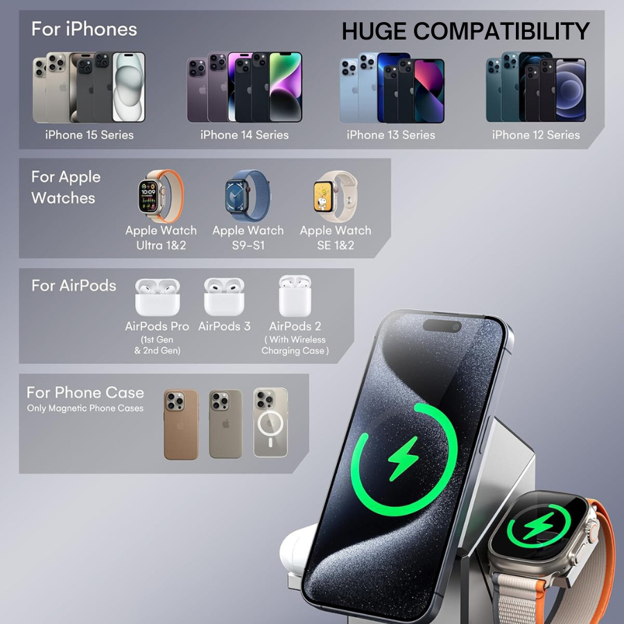 Qi2 3-in-1 Wireless Charger with Auto-Rotating Dock for iPhone, Apple Watch & AirPods