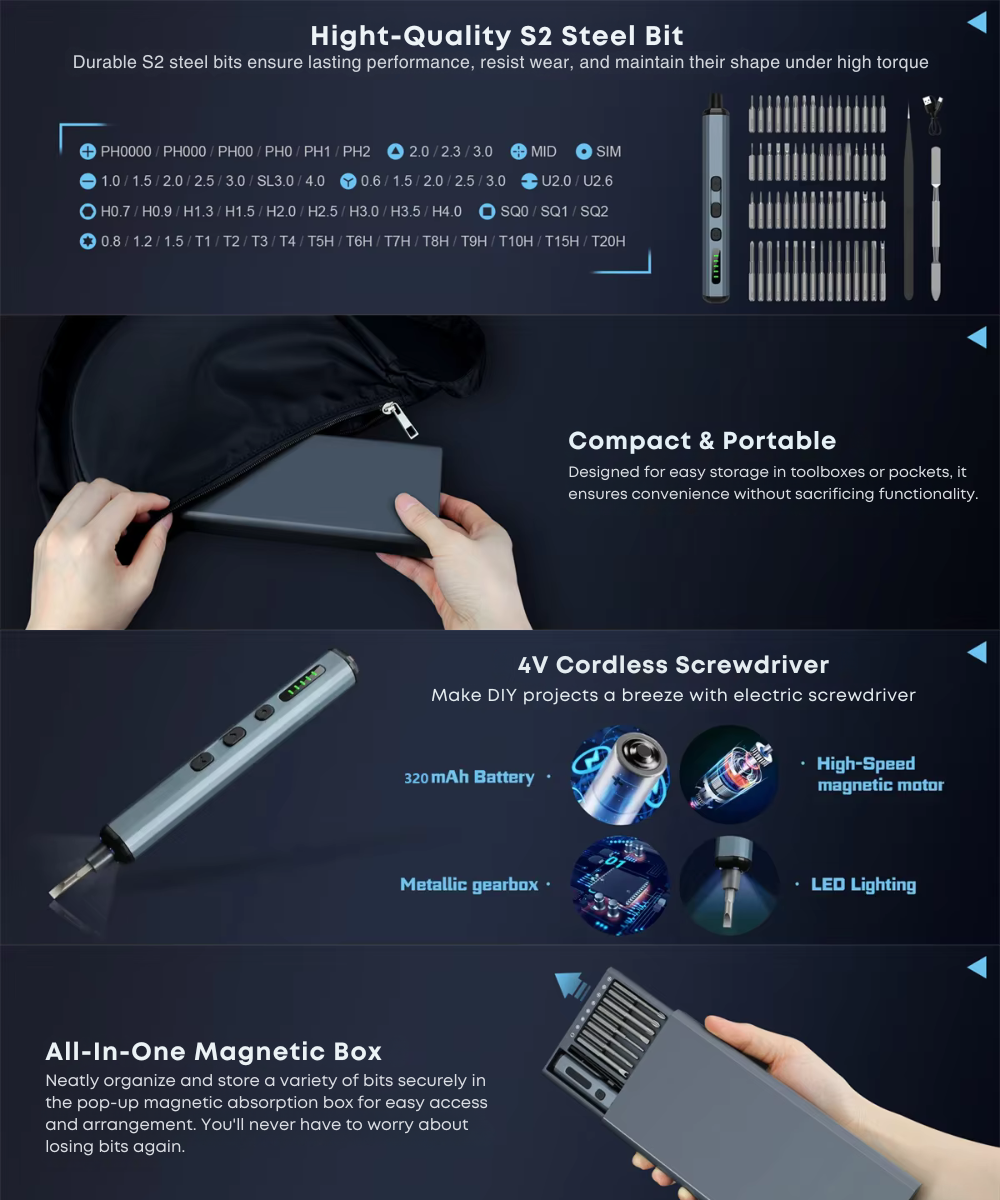 68-in-1 Precision Electric Screwdriver Set – High-Torque, Magnetic, Rechargeable, and Organized for Precision Repairs on Electronics, Phones, Laptops, and More