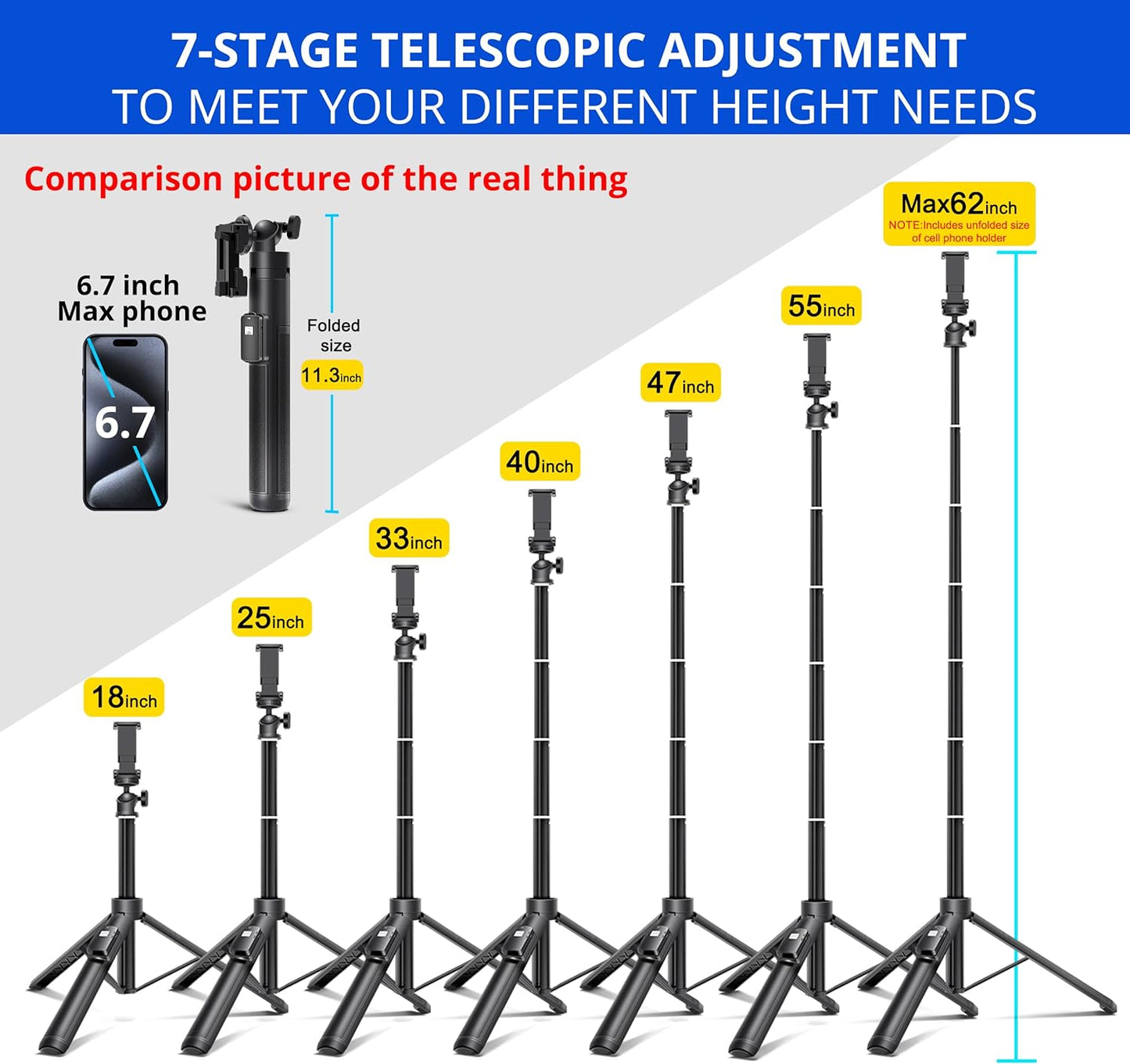 BZE 62-Inch Selfie Stick Tripod with Wireless Remote - Long Extendable Phone Tripod for Group Selfies, Live Streaming, and Video Recording - Compatible with All Smartphones
