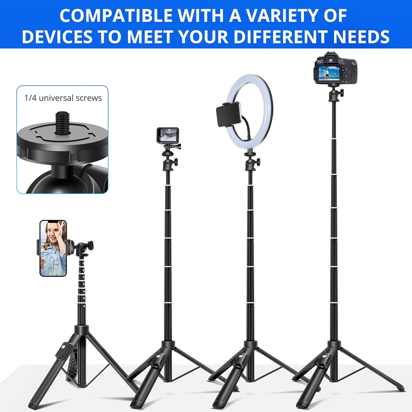 BZE 62-Inch Selfie Stick Tripod with Wireless Remote - Long Extendable Phone Tripod for Group Selfies, Live Streaming, and Video Recording - Compatible with All Smartphones