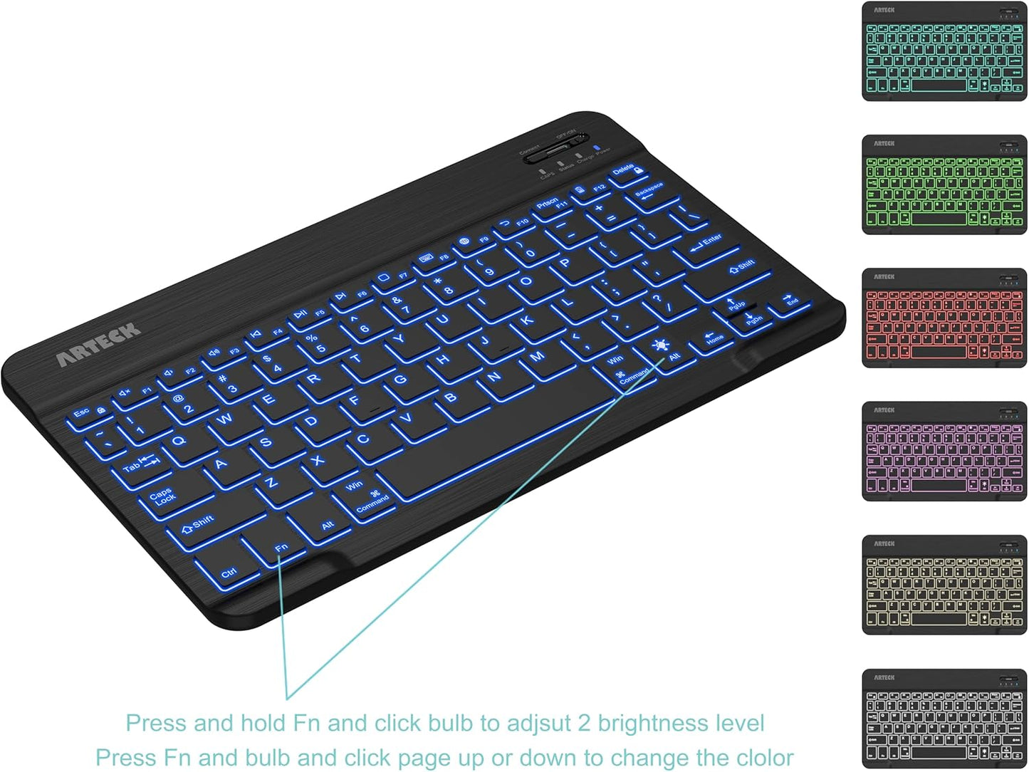Arteck Universal Backlit Bluetooth Keyboard – Ultra-Light Slim Wireless 7-Color Keyboard for iOS, iPad Pro, Android, Windows Tablets & Smartphones – Rechargeable 6-Month Battery