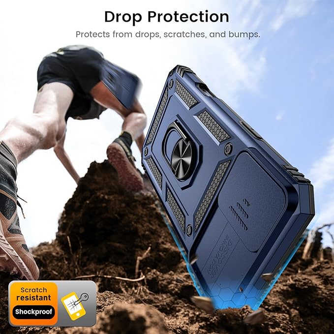 iPhone 16 Compatible with Screen Protector - Slide Camera Cover Protective Phone Case with Ring Stand and Heavy Duty Shockproof Rugged Bumper