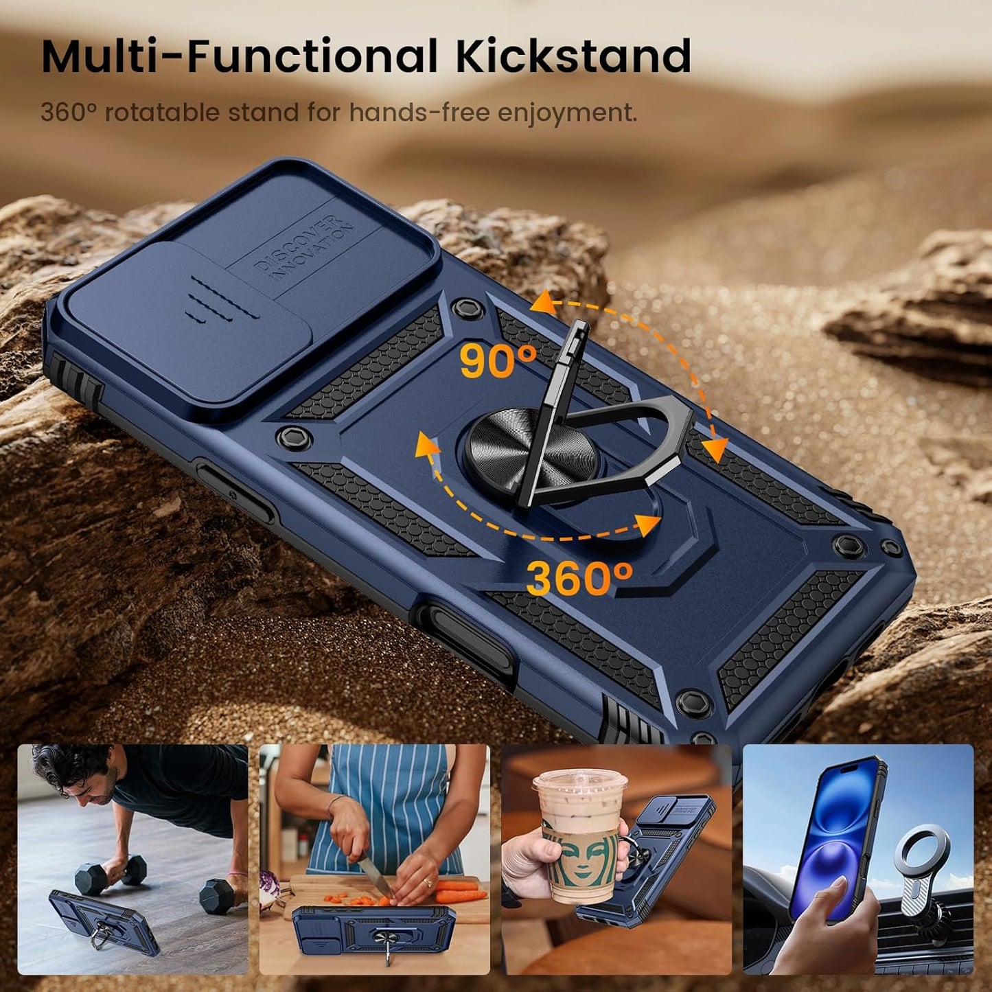 iPhone 16 Compatible with Screen Protector - Slide Camera Cover Protective Phone Case with Ring Stand and Heavy Duty Shockproof Rugged Bumper
