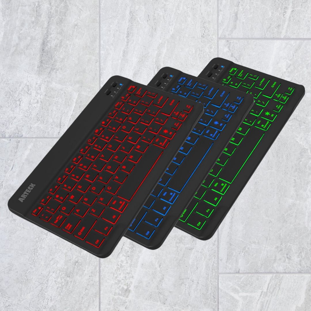Arteck Universal Backlit Bluetooth Keyboard – Ultra-Light Slim Wireless 7-Color Keyboard for iOS, iPad Pro, Android, Windows Tablets & Smartphones – Rechargeable 6-Month Battery