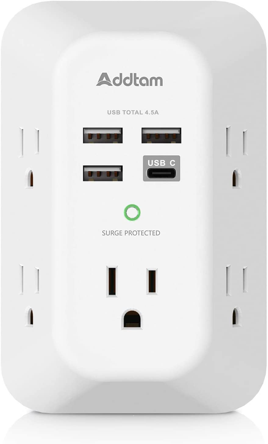 Surge Protector 5 Outlet Extender with 4 USB Charging Ports ( 1 USB C Outlet) 3 Sided 1800J Power Strip Multi Plug Outlets Wall Adapter for Home Travel Office