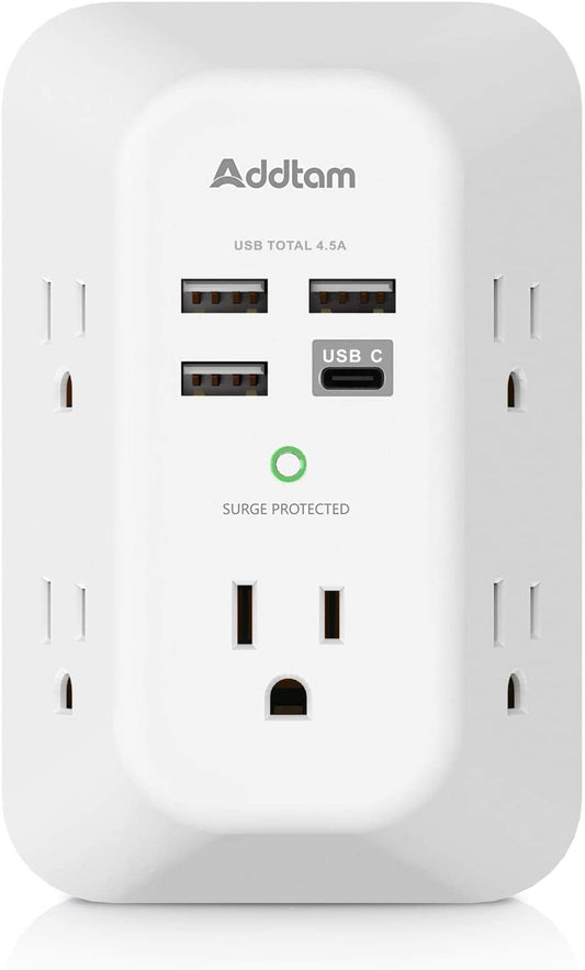 Surge Protector 5 Outlet Extender with 4 USB Charging Ports ( 1 USB C Outlet) 3 Sided 1800J Power Strip Multi Plug Outlets Wall Adapter for Home Travel Office
