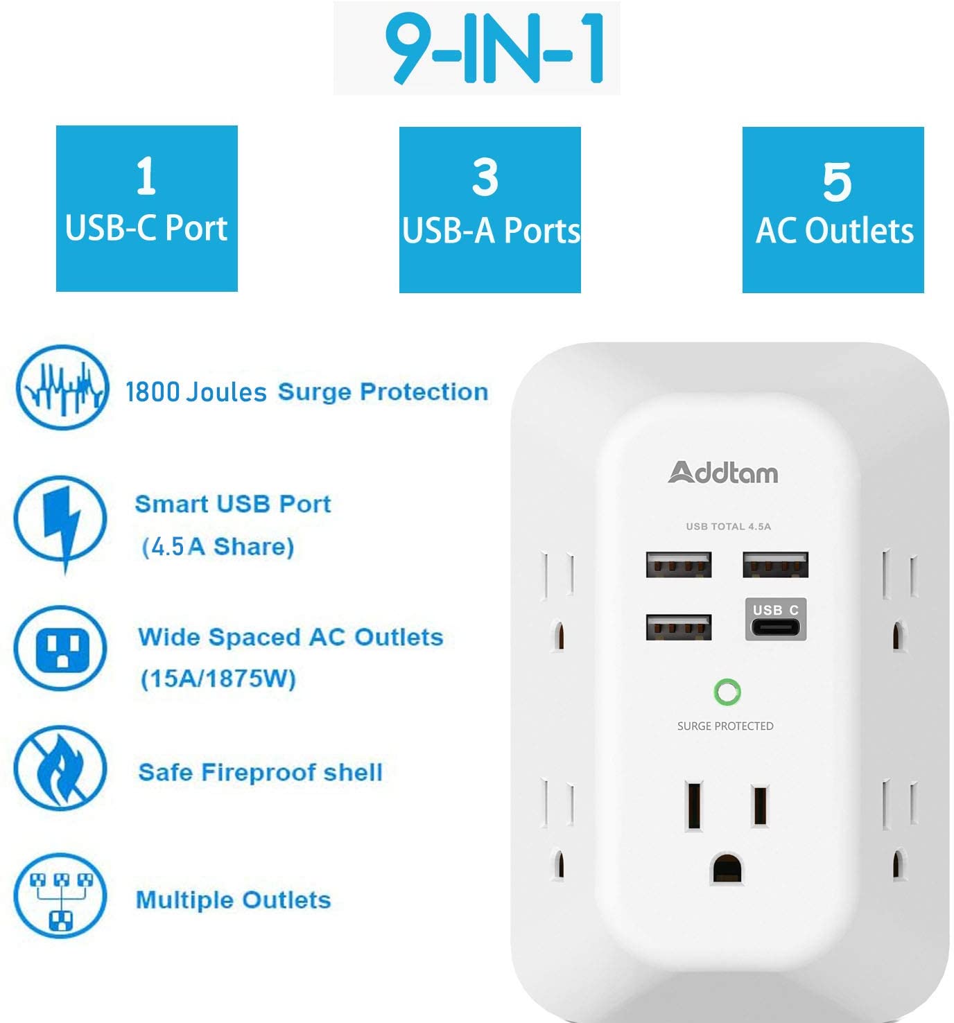Surge Protector 5 Outlet Extender with 4 USB Charging Ports ( 1 USB C Outlet) 3 Sided 1800J Power Strip Multi Plug Outlets Wall Adapter for Home Travel Office