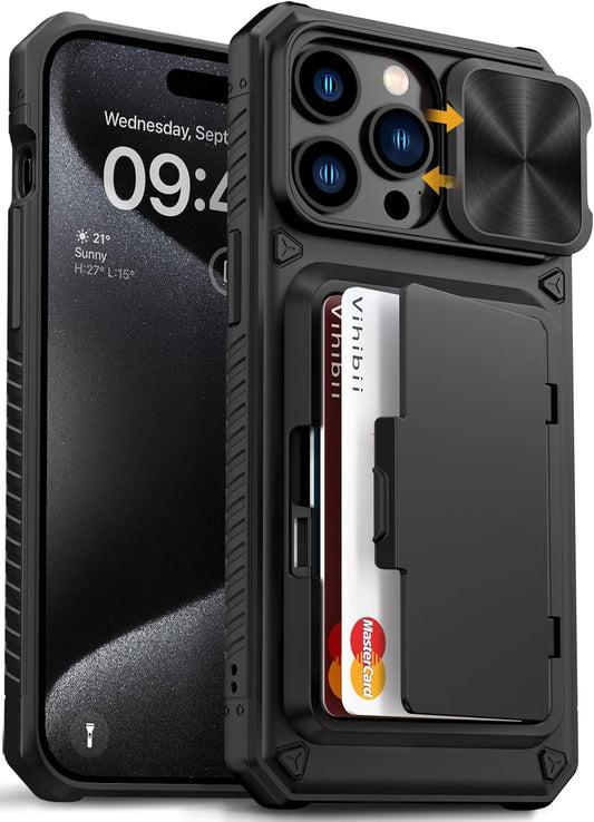 iPhone 15 Pro Max Wallet Case – Military-Grade Drop Protection, 4 Card Holder, Slide Camera Cover & Kickstand, Rugged & Stylish